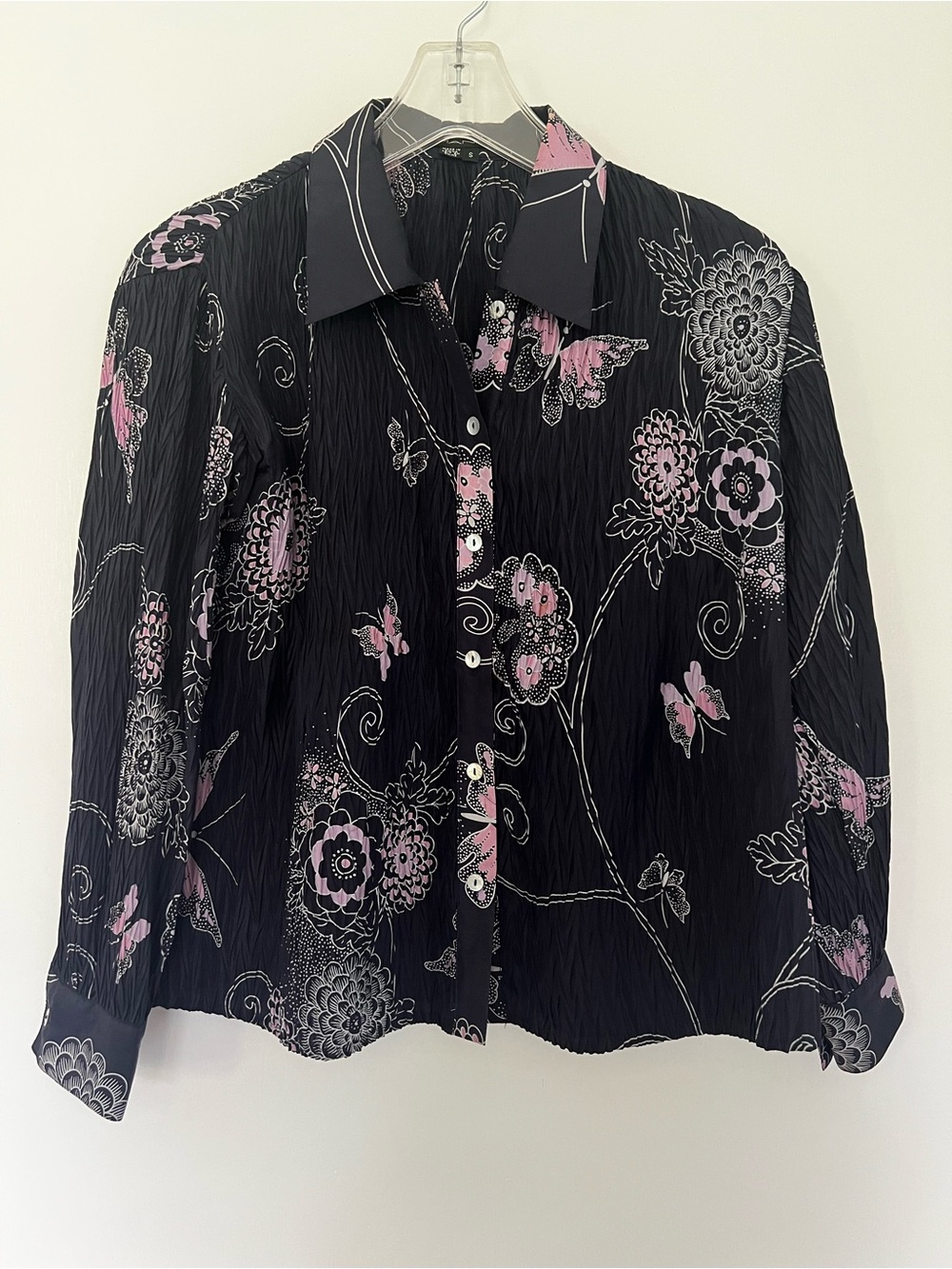 Vintage Piano Crinkle Button Down Blue and Pink Collared Shirt Size S